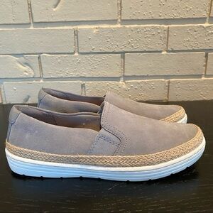 WOMENS CLARKS MARIE SAIL GRAY SUEDE ESPADRILLE SPORT SLIPON LOAFERS SHOES 7.5 M